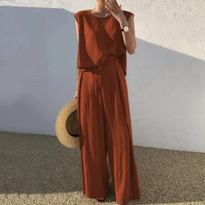 Solid Linen Outfit Temperament Sleeveless Blouse Top Pocket Trousers Outfit Elegant Pants Set