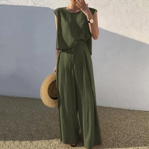 Solid Linen Outfit Temperament Sleeveless Blouse Top Pocket Trousers Outfit Elegant Pants Set - Image 2
