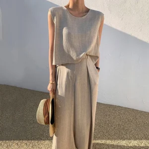 Solid Linen Outfit Temperament Sleeveless Blouse Top Pocket Trousers Outfit Elegant Pants Set - Image 3
