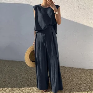 Solid Linen Outfit Temperament Sleeveless Blouse Top Pocket Trousers Outfit Elegant Pants Set - Image 4