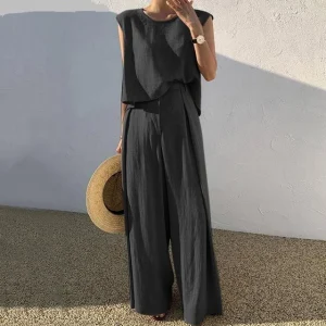 Solid Linen Outfit Temperament Sleeveless Blouse Top Pocket Trousers Outfit Elegant Pants Set - Image 5
