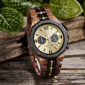 3 Sub Dial Chronograph Support Hidden Clasp Wooden Watches