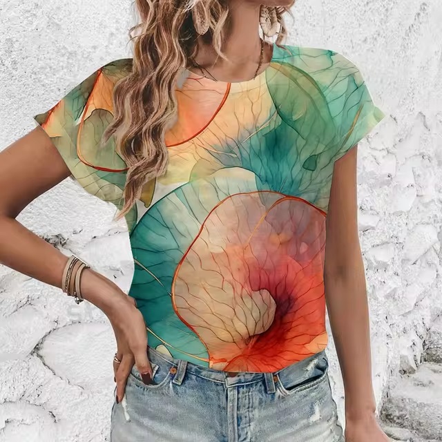 Artistic Flower Pattern Fashion Printing Popular Short Sleeved T-shirt