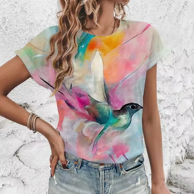 Artistic Printing Bird Pattern Fashion Short Sleeved T-shirt