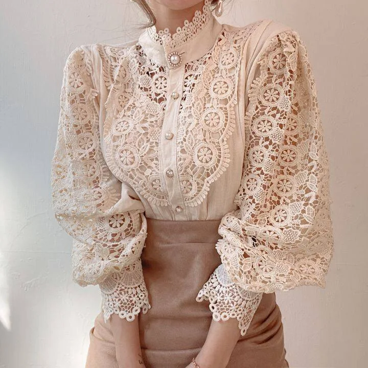 Button Turtleneck Chic Elegant Floral Lace Fluffy Long Sleeve Fashion Hollow Oversize Top