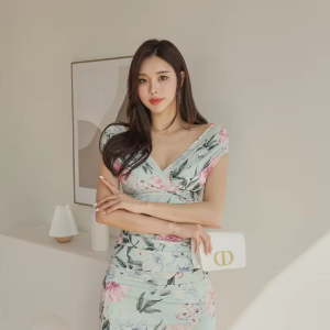 Elegant Floral Printing Slim V-Neck sleeveless Office Party Casual Dress - Image 4
