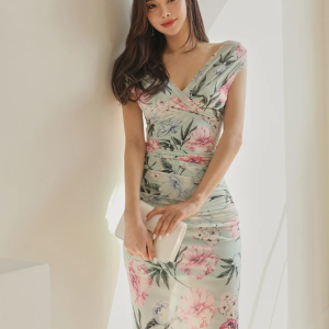 Elegant Floral Printing Slim V-Neck sleeveless Office Party Casual Dress - Image 2