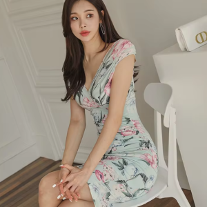 Elegant Floral Printing Slim V-Neck sleeveless Office Party Casual Dress - Image 6