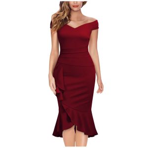 Elegant Off Shoulder V-Neck sleeveless Ruffle Pleat Waist Slit party Dress - Image 2