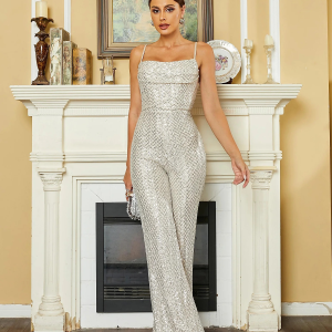 Elegant Solid Sequins Backless Formal Occasion High Waist Jumpsuit - Image 3