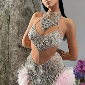 Off the Shoulder Big Crystal Feathers Bodycon Party Performance Celebrity Style Mini Dress - Image 2
