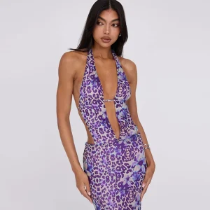 Printed deep V-neck backless lace up hanging neck Maxi dress - Image 2