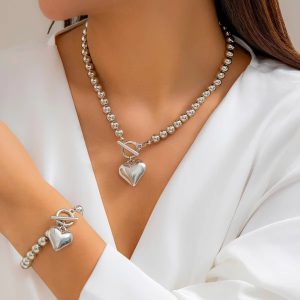Simple Punk Hollow Heart Ball Bead Chain Necklace 2 Pieces Set - Image 6