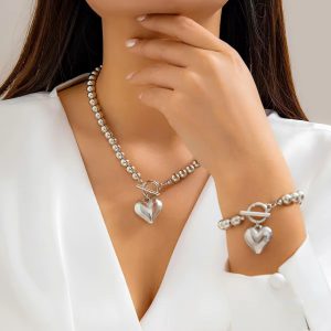 Simple Punk Hollow Heart Ball Bead Chain Necklace 2 Pieces Set - Image 5