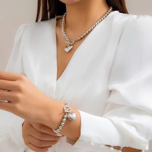 Simple Punk Hollow Heart Ball Bead Chain Necklace 2 Pieces Set - Image 7