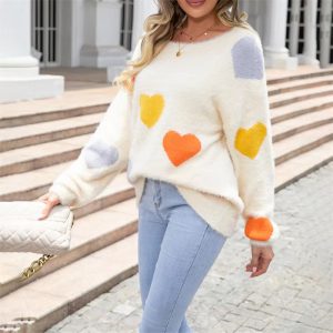 Casual Heart Print Round Neck Long Sleeve Pullover Warm Knitted Streetwear Valentines Day Sweater - Image 11