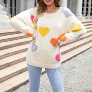 Casual Heart Print Round Neck Long Sleeve Pullover Warm Knitted Streetwear Valentines Day Sweater - Image 13