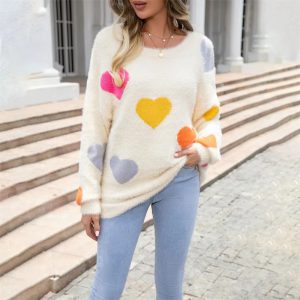 Casual Heart Print Round Neck Long Sleeve Pullover Warm Knitted Streetwear Valentines Day Sweater - Image 14