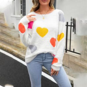 Casual Heart Print Round Neck Long Sleeve Pullover Warm Knitted Streetwear Valentines Day Sweater - Image 3