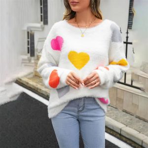 Casual Heart Print Round Neck Long Sleeve Pullover Warm Knitted Streetwear Valentines Day Sweater - Image 4