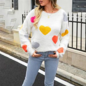 Casual Heart Print Round Neck Long Sleeve Pullover Warm Knitted Streetwear Valentines Day Sweater - Image 5