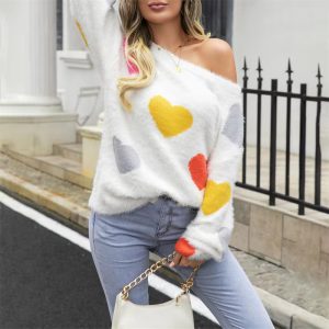 Casual Heart Print Round Neck Long Sleeve Pullover Warm Knitted Streetwear Valentines Day Sweater - Image 2