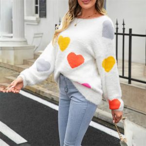 Casual Heart Print Round Neck Long Sleeve Pullover Warm Knitted Streetwear Valentines Day Sweater - Image 8
