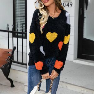 Casual Heart Print Round Neck Long Sleeve Pullover Warm Knitted Streetwear Valentines Day Sweater - Image 18