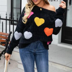 Casual Heart Print Round Neck Long Sleeve Pullover Warm Knitted Streetwear Valentines Day Sweater - Image 19