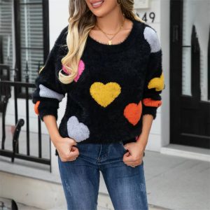 Casual Heart Print Round Neck Long Sleeve Pullover Warm Knitted Streetwear Valentines Day Sweater - Image 20