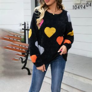 Casual Heart Print Round Neck Long Sleeve Pullover Warm Knitted Streetwear Valentines Day Sweater - Image 21