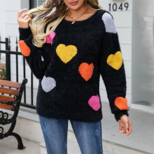 Casual Heart Print Round Neck Long Sleeve Pullover Warm Knitted Streetwear Valentines Day Sweater - Image 22