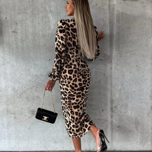 Casual Leopard Print V-Neck Long Sleeve Chic Vintage Bodycon Midi Dress - Image 2