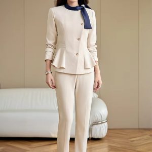 Casual O-Neck Single Breasted Business Work Jacket And Trouser 2 Piece Set Office Ladies Pant Suit