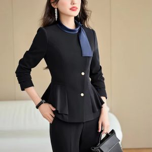 Casual O-Neck Single Breasted Business Work Jacket And Trouser 2 Piece Set Office Ladies Pant Suit - Image 7