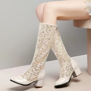 Casual Solid Zipper round toe Low Heels Mesh Breathable Party Knee High Boot - Image 5