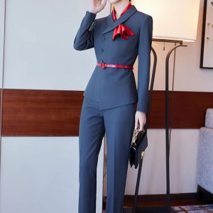 Elegant Solid shirt sleeve Shawl Collar Blazer and Trouser 2 Piece Set Office Ladies Pant Suit - Image 8