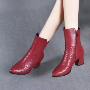 Embroidery Solid Pointed Toe Zip PU Leather High Square Heels Ankle Boots - Image 3