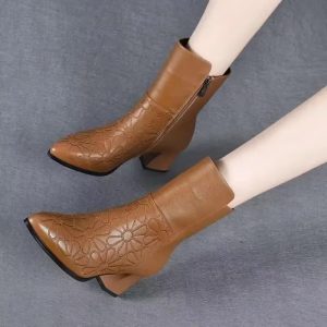 Embroidery Solid Pointed Toe Zip PU Leather High Square Heels Ankle Boots