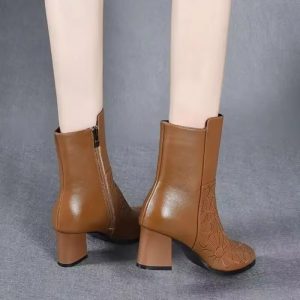Embroidery Solid Pointed Toe Zip PU Leather High Square Heels Ankle Boots - Image 2