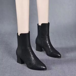 Embroidery Solid Pointed Toe Zip PU Leather High Square Heels Ankle Boots - Image 5