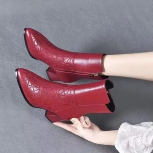 Embroidery Solid Pointed Toe Zip PU Leather High Square Heels Ankle Boots - Image 4