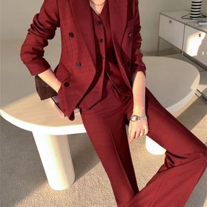 Casual Notched Lapel Single Breasted Vest Wide Leg Pants Blazer Three Piece Set - Image 4