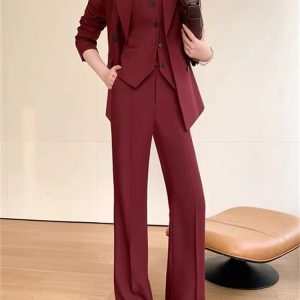 Casual Notched Lapel Single Breasted Vest Wide Leg Pants Blazer Three Piece Set