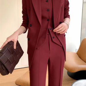 Casual Notched Lapel Single Breasted Vest Wide Leg Pants Blazer Three Piece Set - Image 5