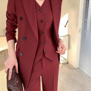 Casual Notched Lapel Single Breasted Vest Wide Leg Pants Blazer Three Piece Set - Image 6