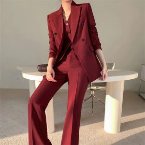 Casual Notched Lapel Single Breasted Vest Wide Leg Pants Blazer Three Piece Set - Image 2