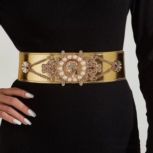 Casual Solid Pearl Alloy Wide Waist Seal Dress Decoration Elastic Belts