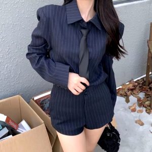 Casual Plaid Long-sleeved Button shorts striped shirt slim two-piece suit - Image 2