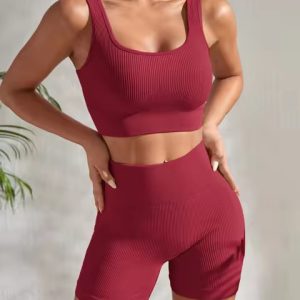 Casual Ribbed Crop High Waist Shorts Seamless Ribbed Yoga Sets